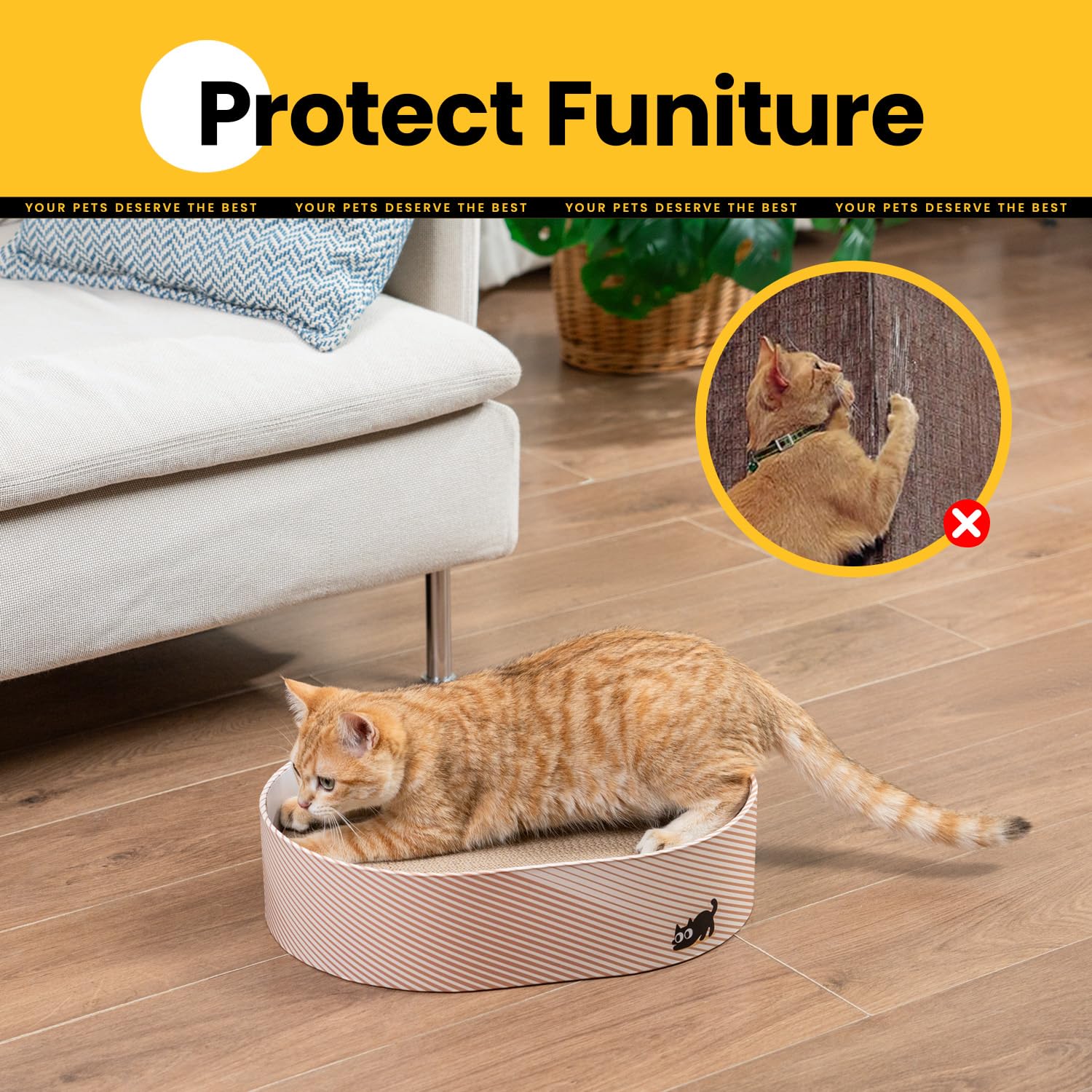 Conlun Cat Scratcher Box With 4 Cat Scratching Board Reversible Scratch Pad, Heavy Duty Corrugated Cardboard Pet Bed Lounger Kit